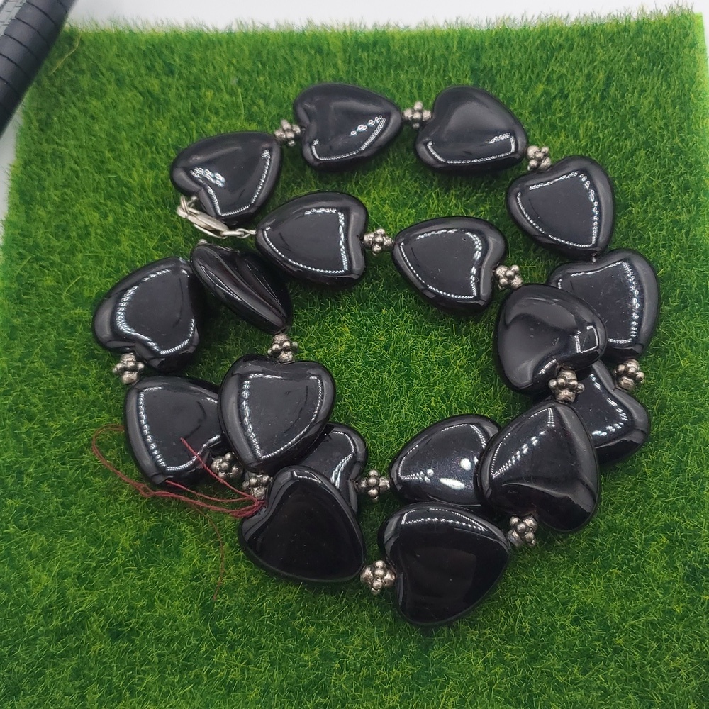 Onyx Heart Precious Stone Necklace 20 Inch Sterling Silver 925 N3628